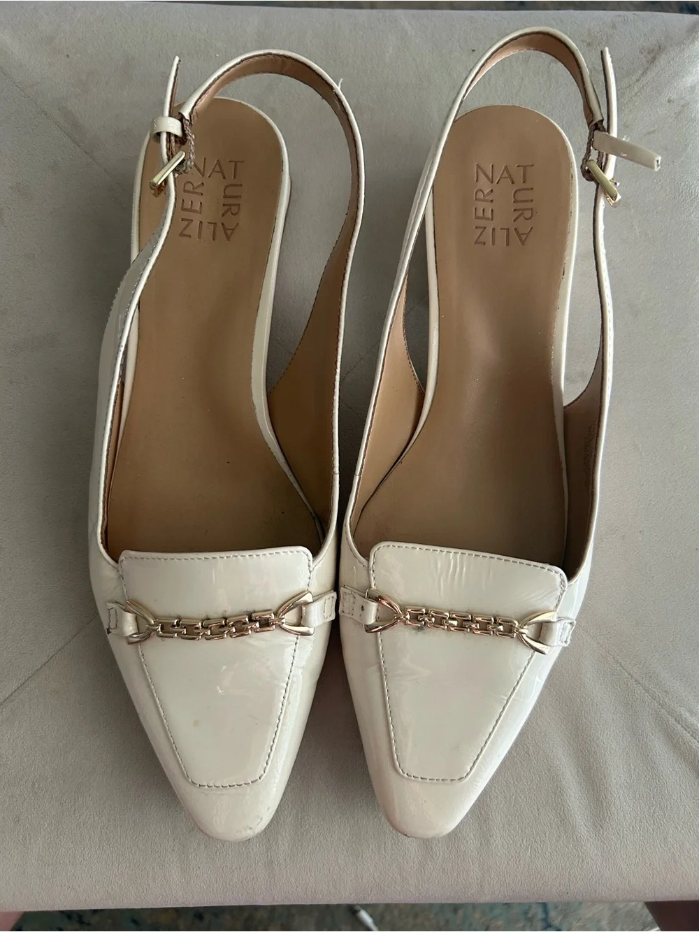 Naturalizer Cream Patent Slingback Loafers with Gold Chain Accent